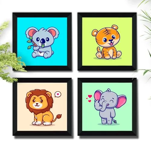 SAF animal cartoon Wall Hanging | Painting for Wall Decoration | Wall Painting for Living Room | set of 4 Decoration Items for Home | Wall Hangings for Home 10 inch x 10 inch SANFSD125
