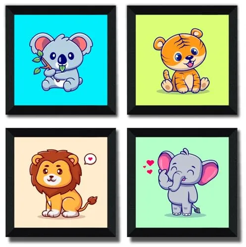 SAF animal cartoon Wall Hanging | Painting for Wall Decoration | Wall Painting for Living Room | set of 4 Decoration Items for Home | Wall Hangings for Home 10 inch x 10 inch SANFSD125
