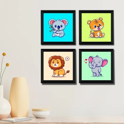 SAF animal cartoon Wall Hanging | Painting for Wall Decoration | Wall Painting for Living Room | set of 4 Decoration Items for Home | Wall Hangings for Home 10 inch x 10 inch SANFSD125