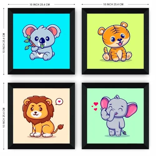 SAF animal cartoon Wall Hanging | Painting for Wall Decoration | Wall Painting for Living Room | set of 4 Decoration Items for Home | Wall Hangings for Home 10 inch x 10 inch SANFSD125