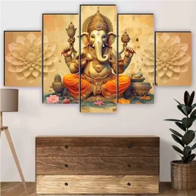 SAF Ganesha Paintings for Wall Decoration - Set Of Five, 3d modern art Painting for Living Room Large Size with Frames for Home Decoration, Hotel, Office 127 cm x 75 cm SANFBL35447