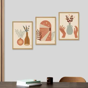 SAF paintings BOHO Set of 3 Modern Art Premium Brown frame Bohemian Painting for Wall Decoration Digital Reprint 13.5 inch x 10.5 inch Bohemian Painting (With Frame, Pack of 3) B150K3