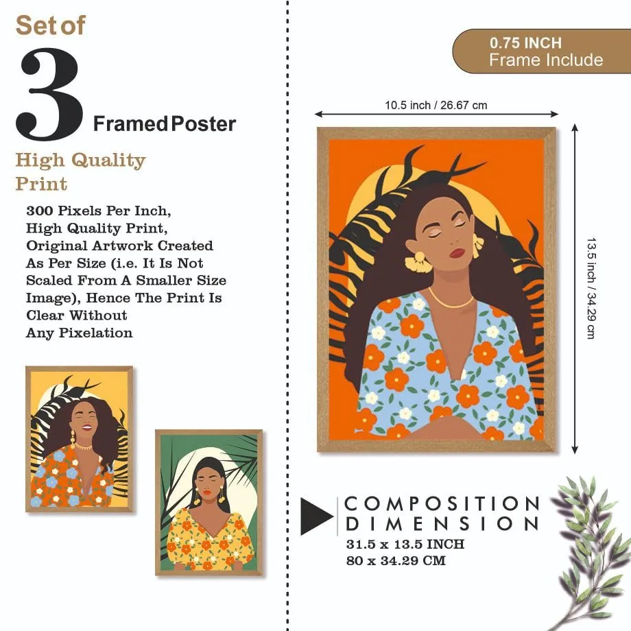SAF paintings BOHO Set of 3 Modern Art Premium Brown frame Bohemian Painting for Wall Decoration Digital Reprint 13.5 inch x 10.5 inch Bohemian Painting (With Frame, Pack of 3) B152K3