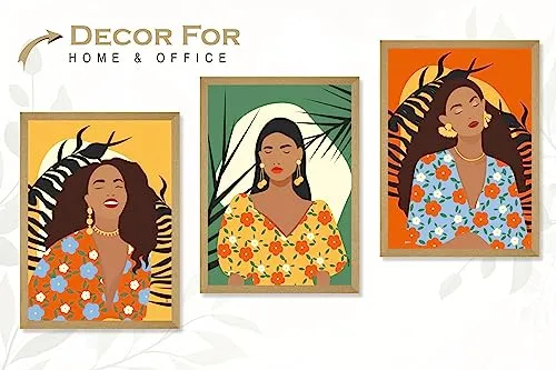 SAF paintings BOHO Set of 3 Modern Art Premium Brown frame Bohemian Painting for Wall Decoration Digital Reprint 13.5 inch x 10.5 inch Bohemian Painting (With Frame, Pack of 3) B152K3