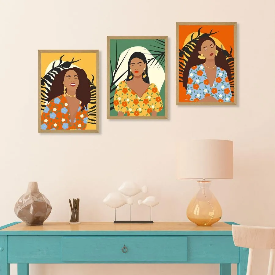SAF paintings BOHO Set of 3 Modern Art Premium Brown frame Bohemian Painting for Wall Decoration Digital Reprint 13.5 inch x 10.5 inch Bohemian Painting (With Frame, Pack of 3) B152K3