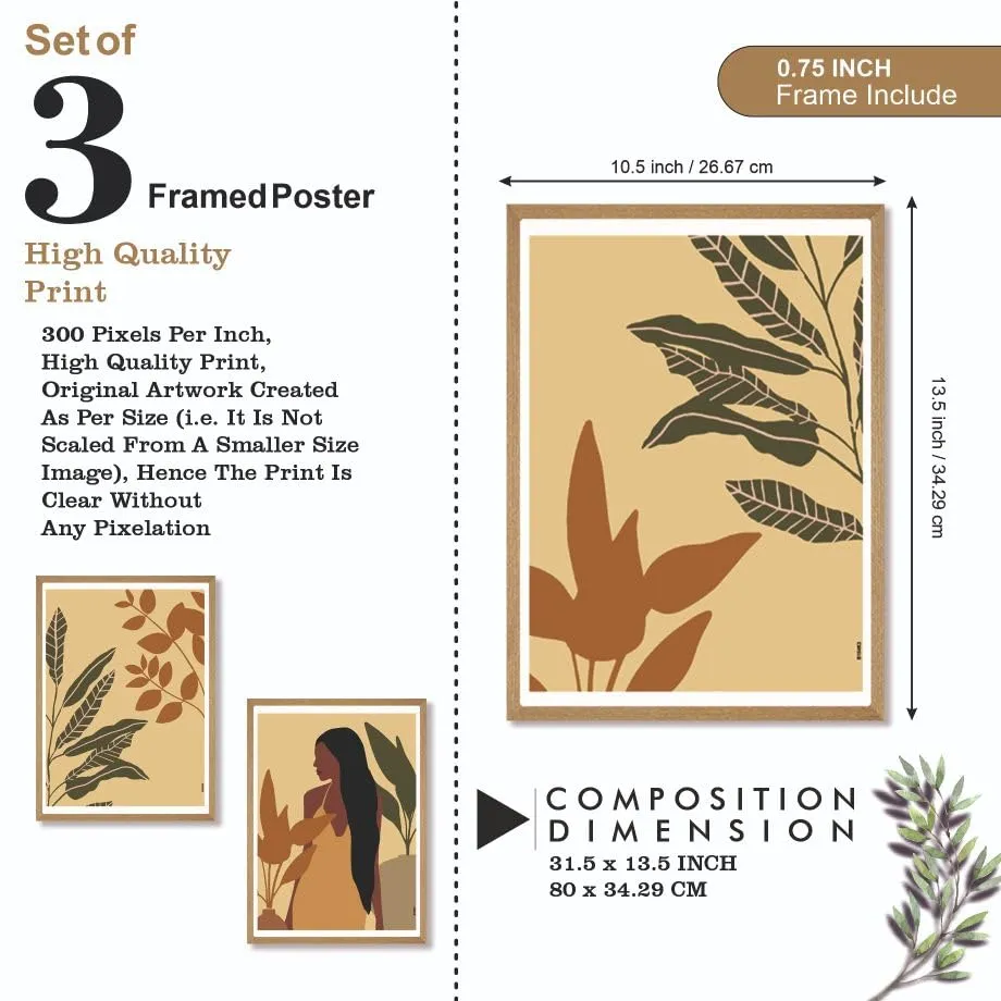 SAF paintings BOHO Set of 3 Modern Art Premium Brown frame Bohemian Painting for Wall Decoration Digital Reprint 13.5 inch x 10.5 inch Bohemian Painting (With Frame, Pack of 3) B154K3