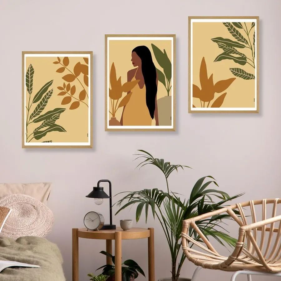 SAF paintings BOHO Set of 3 Modern Art Premium Brown frame Bohemian Painting for Wall Decoration Digital Reprint 13.5 inch x 10.5 inch Bohemian Painting (With Frame, Pack of 3) B154K3