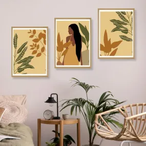 SAF paintings BOHO Set of 3 Modern Art Premium Brown frame Bohemian Painting for Wall Decoration Digital Reprint 13.5 inch x 10.5 inch Bohemian Painting (With Frame, Pack of 3) B154K3