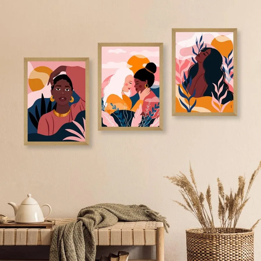 SAF paintings BOHO Set of 3 Modern Art Premium Brown frame Bohemian Painting for Wall Decoration Digital Reprint 13.5 inch x 10.5 inch Bohemian Painting (With Frame, Pack of 3) B163K3