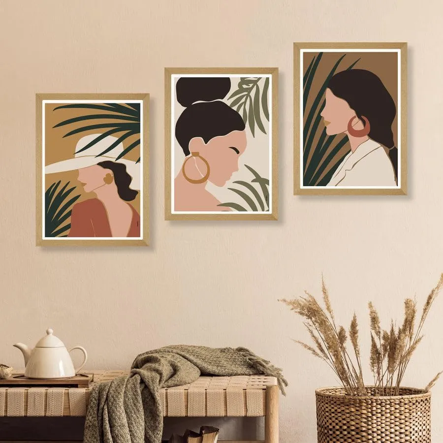 SAF paintings BOHO Set of 3 Modern Art Premium Brown frame Bohemian Painting for Wall Decoration Digital Reprint 13.5 inch x 10.5 inch Bohemian Painting (With Frame, Pack of 3) B164K3