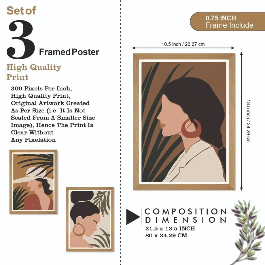 SAF paintings BOHO Set of 3 Modern Art Premium Brown frame Bohemian Painting for Wall Decoration Digital Reprint 13.5 inch x 10.5 inch Bohemian Painting (With Frame, Pack of 3) B164K3