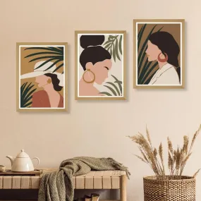 SAF paintings BOHO Set of 3 Modern Art Premium Brown frame Bohemian Painting for Wall Decoration Digital Reprint 13.5 inch x 10.5 inch Bohemian Painting (With Frame, Pack of 3) B164K3