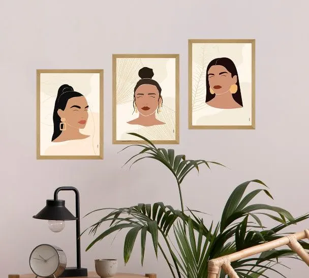 SAF paintings BOHO Set of 3 Modern Art Premium Brown frame Bohemian Painting for Wall Decoration Digital Reprint 13.5 inch x 10.5 inch Bohemian Painting (With Frame, Pack of 3) B165K3