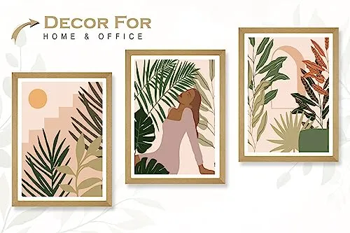 SAF paintings BOHO Set of 3 Modern Art Premium Brown frame Bohemian Painting for Wall Decoration Digital Reprint 13.5 inch x 10.5 inch Bohemian Painting (With Frame, Pack of 3) B166K3