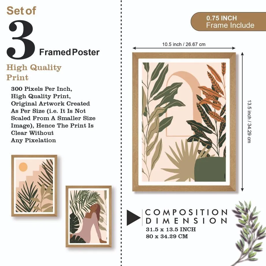 SAF paintings BOHO Set of 3 Modern Art Premium Brown frame Bohemian Painting for Wall Decoration Digital Reprint 13.5 inch x 10.5 inch Bohemian Painting (With Frame, Pack of 3) B166K3