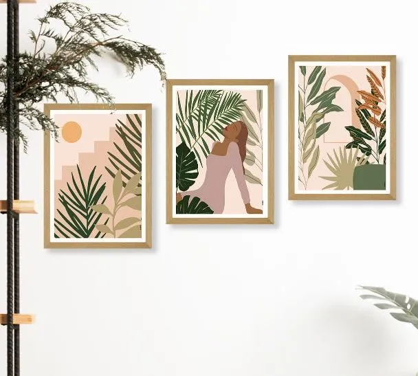 SAF paintings BOHO Set of 3 Modern Art Premium Brown frame Bohemian Painting for Wall Decoration Digital Reprint 13.5 inch x 10.5 inch Bohemian Painting (With Frame, Pack of 3) B166K3