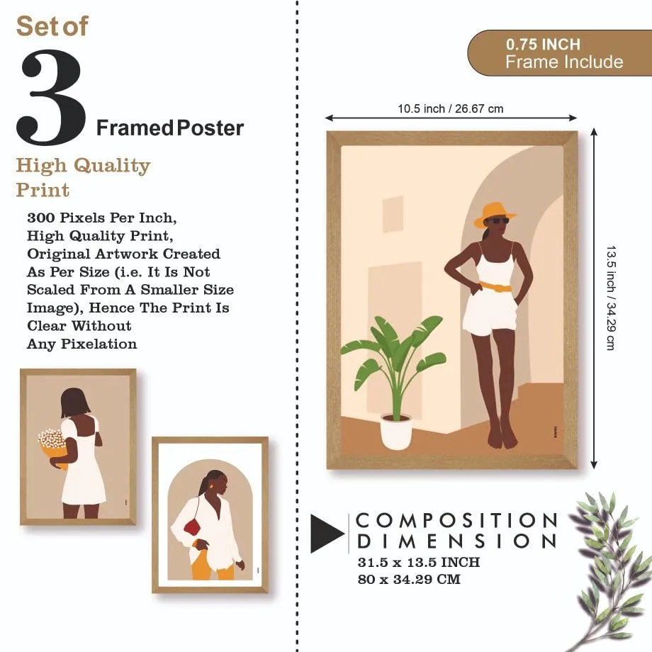 SAF paintings BOHO Set of 3 Modern Art Premium Brown frame Bohemian Painting for Wall Decoration Digital Reprint 13.5 inch x 10.5 inch Bohemian Painting (With Frame, Pack of 3) B167K3