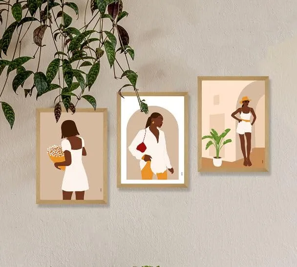 SAF paintings BOHO Set of 3 Modern Art Premium Brown frame Bohemian Painting for Wall Decoration Digital Reprint 13.5 inch x 10.5 inch Bohemian Painting (With Frame, Pack of 3) B167K3
