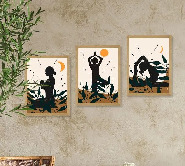 SAF paintings BOHO Set of 3 Modern Art Premium Brown frame Bohemian Painting for Wall Decoration Digital Reprint 13.5 inch x 10.5 inch Bohemian Painting (With Frame, Pack of 3) B169K3