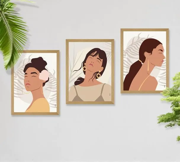 SAF paintings BOHO Set of 3 Modern Art Premium Brown frame Bohemian Painting for Wall Decoration Digital Reprint 13.5 inch x 10.5 inch Bohemian Painting (With Frame, Pack of 3) B171K3