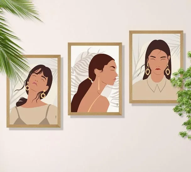 SAF paintings BOHO Set of 3 Modern Art Premium Brown frame Bohemian Painting for Wall Decoration Digital Reprint 13.5 inch x 10.5 inch Bohemian Painting (With Frame, Pack of 3) B173K3