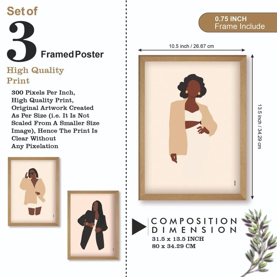 SAF paintings BOHO Set of 3 Modern Art Premium Brown frame Bohemian Painting for Wall Decoration Digital Reprint 13.5 inch x 10.5 inch Bohemian Painting (With Frame, Pack of 3) B174K3
