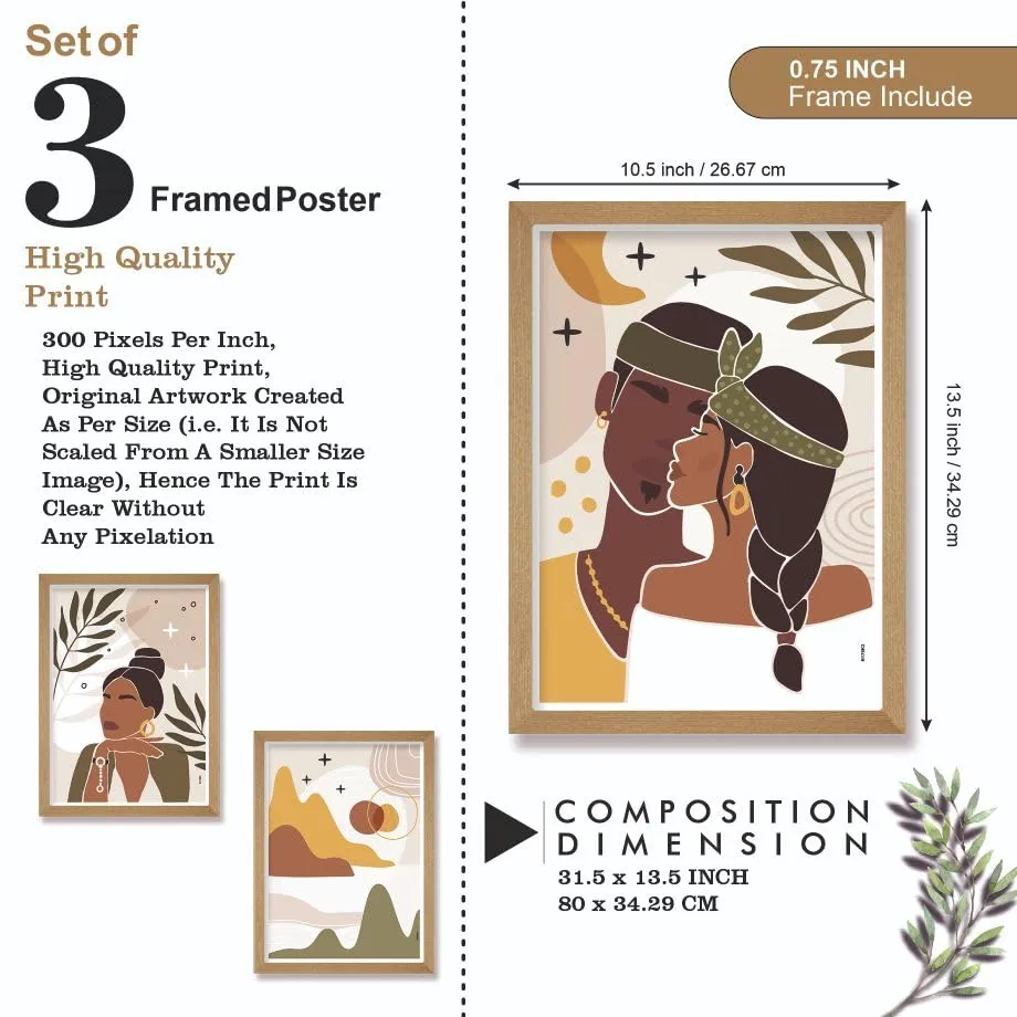 SAF paintings BOHO Set of 3 Modern Art Premium Brown frame Bohemian Painting for Wall Decoration Digital Reprint 13.5 inch x 10.5 inch Bohemian Painting (With Frame, Pack of 3) B178K3