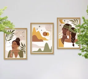 SAF paintings BOHO Set of 3 Modern Art Premium Brown frame Bohemian Painting for Wall Decoration Digital Reprint 13.5 inch x 10.5 inch Bohemian Painting (With Frame, Pack of 3) B178K3