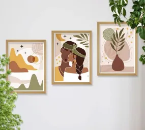 SAF paintings BOHO Set of 3 Modern Art Premium Brown frame Bohemian Painting for Wall Decoration Digital Reprint 13.5 inch x 10.5 inch Bohemian Painting (With Frame, Pack of 3) B179K3