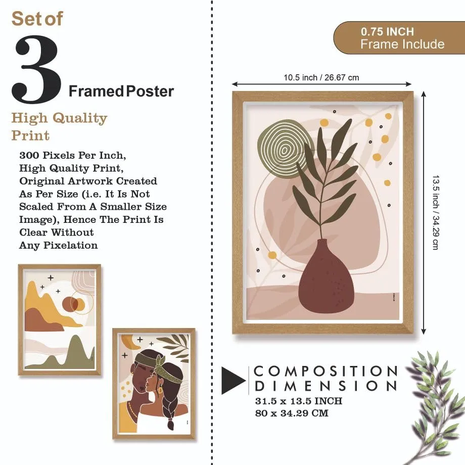 SAF paintings BOHO Set of 3 Modern Art Premium Brown frame Bohemian Painting for Wall Decoration Digital Reprint 13.5 inch x 10.5 inch Bohemian Painting (With Frame, Pack of 3) B179K3