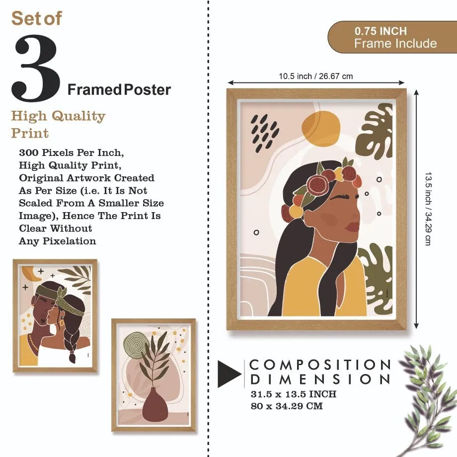 SAF paintings BOHO Set of 3 Modern Art Premium Brown frame Bohemian Painting for Wall Decoration Digital Reprint 13.5 inch x 10.5 inch Bohemian Painting (With Frame, Pack of 3) B180K3