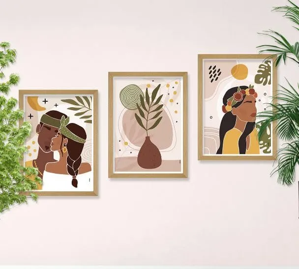 SAF paintings BOHO Set of 3 Modern Art Premium Brown frame Bohemian Painting for Wall Decoration Digital Reprint 13.5 inch x 10.5 inch Bohemian Painting (With Frame, Pack of 3) B180K3