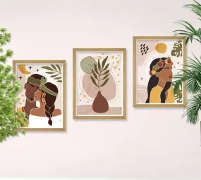 SAF paintings BOHO Set of 3 Modern Art Premium Brown frame Bohemian Painting for Wall Decoration Digital Reprint 13.5 inch x 10.5 inch Bohemian Painting (With Frame, Pack of 3) B180K3