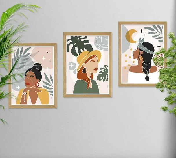 SAF paintings BOHO Set of 3 Modern Art Premium Brown frame Bohemian Painting for Wall Decoration Digital Reprint 13.5 inch x 10.5 inch Bohemian Painting (With Frame, Pack of 3) B181K3