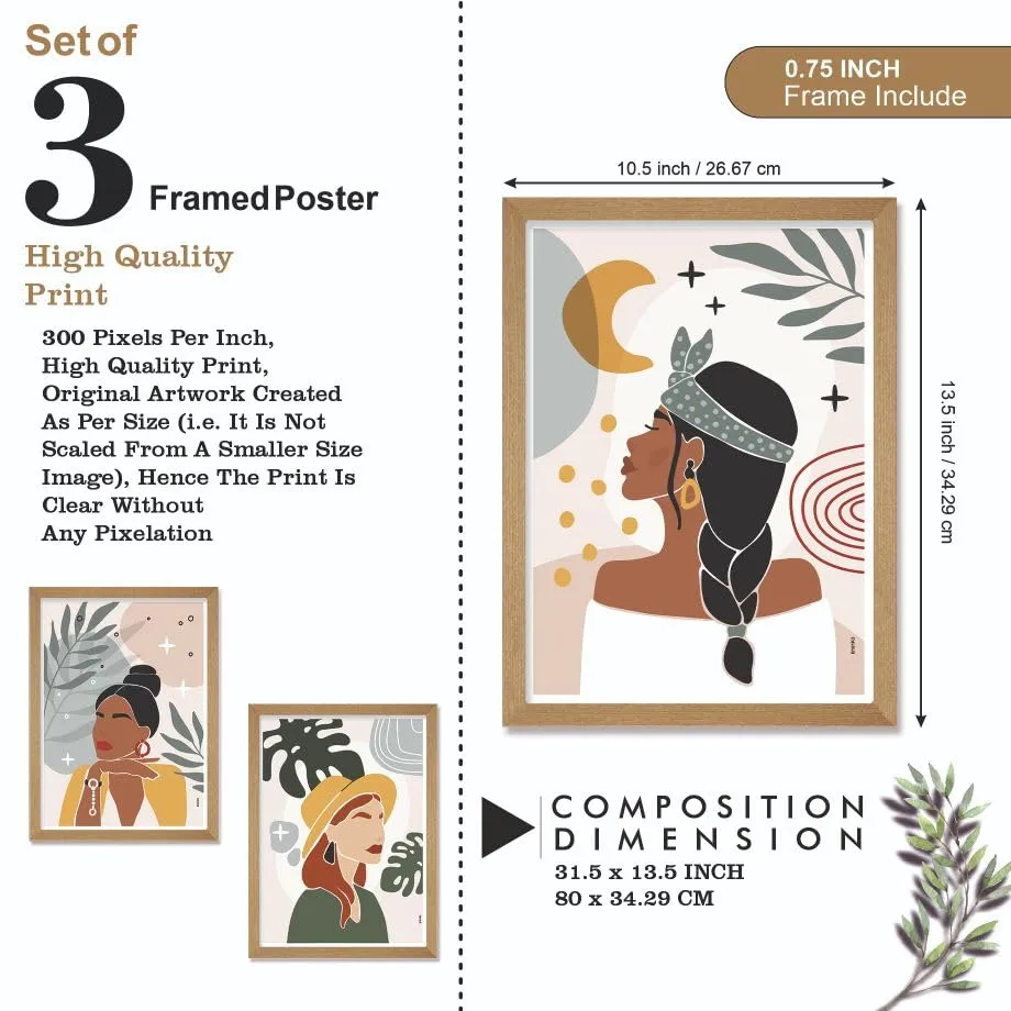 SAF paintings BOHO Set of 3 Modern Art Premium Brown frame Bohemian Painting for Wall Decoration Digital Reprint 13.5 inch x 10.5 inch Bohemian Painting (With Frame, Pack of 3) B181K3