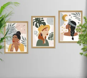 SAF paintings BOHO Set of 3 Modern Art Premium Brown frame Bohemian Painting for Wall Decoration Digital Reprint 13.5 inch x 10.5 inch Bohemian Painting (With Frame, Pack of 3) B181K3