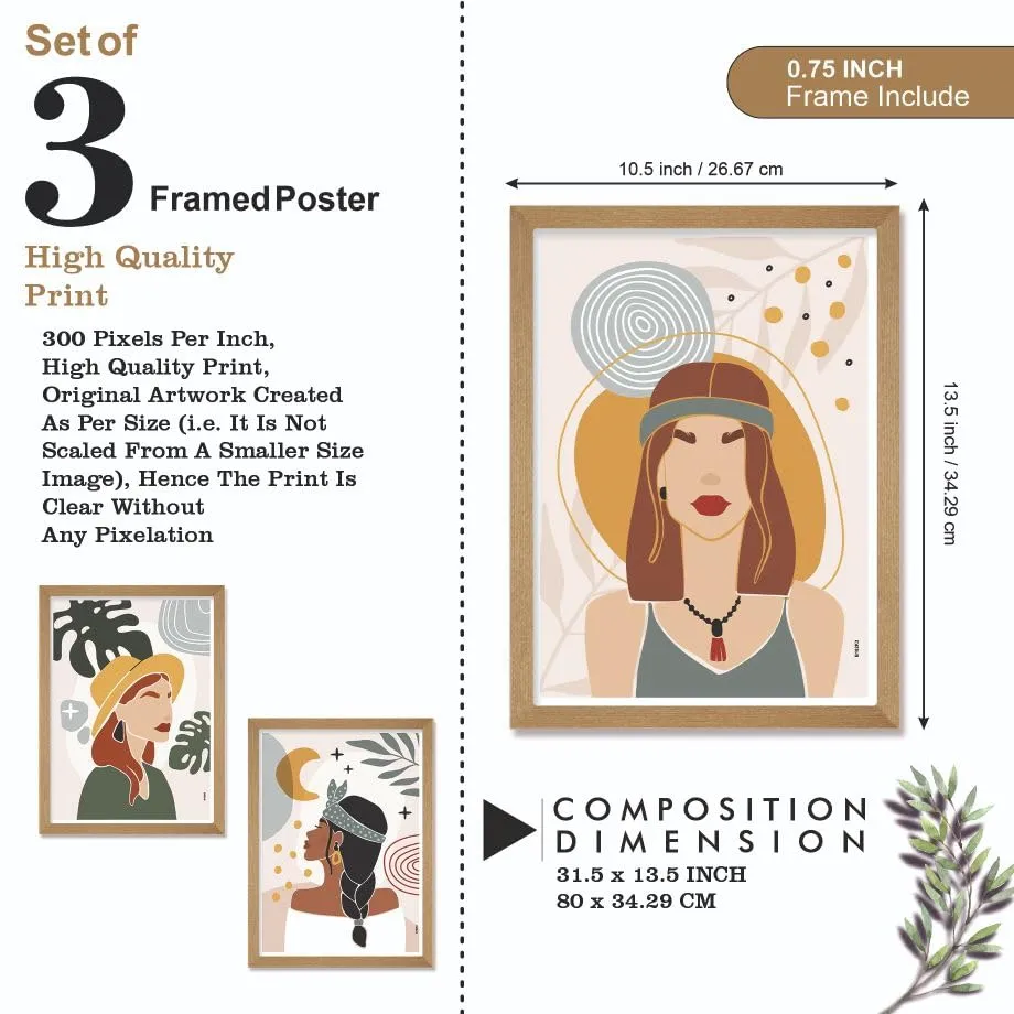 SAF paintings BOHO Set of 3 Modern Art Premium Brown frame Bohemian Painting for Wall Decoration Digital Reprint 13.5 inch x 10.5 inch Bohemian Painting (With Frame, Pack of 3) B182K3