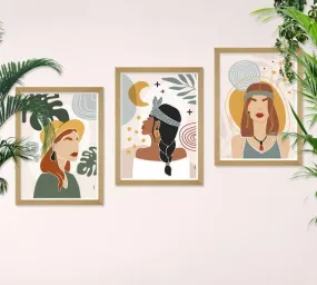 SAF paintings BOHO Set of 3 Modern Art Premium Brown frame Bohemian Painting for Wall Decoration Digital Reprint 13.5 inch x 10.5 inch Bohemian Painting (With Frame, Pack of 3) B182K3
