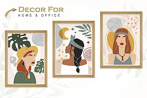 SAF paintings BOHO Set of 3 Modern Art Premium Brown frame Bohemian Painting for Wall Decoration Digital Reprint 13.5 inch x 10.5 inch Bohemian Painting (With Frame, Pack of 3) B182K3