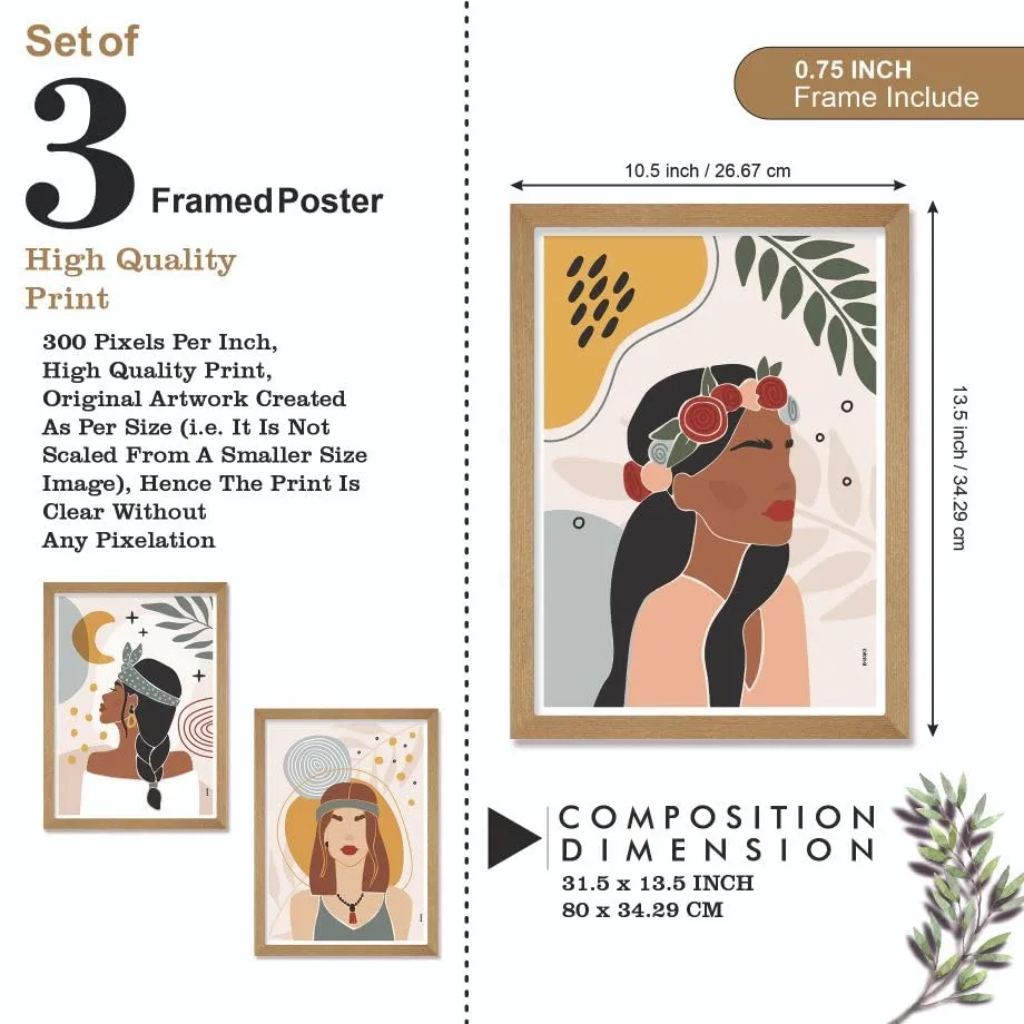 SAF paintings BOHO Set of 3 Modern Art Premium Brown frame Bohemian Painting for Wall Decoration Digital Reprint 13.5 inch x 10.5 inch Bohemian Painting (With Frame, Pack of 3) B183K3