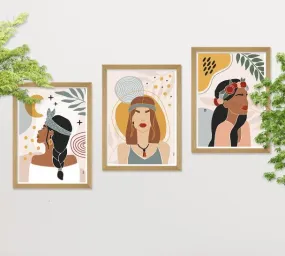 SAF paintings BOHO Set of 3 Modern Art Premium Brown frame Bohemian Painting for Wall Decoration Digital Reprint 13.5 inch x 10.5 inch Bohemian Painting (With Frame, Pack of 3) B183K3