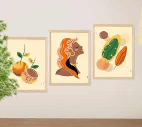 SAF paintings BOHO Set of 3 Modern Art Premium Brown frame Bohemian Painting for Wall Decoration Digital Reprint 13.5 inch x 10.5 inch Bohemian Painting (With Frame, Pack of 3) B185K3