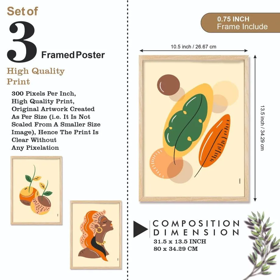 SAF paintings BOHO Set of 3 Modern Art Premium Brown frame Bohemian Painting for Wall Decoration Digital Reprint 13.5 inch x 10.5 inch Bohemian Painting (With Frame, Pack of 3) B185K3