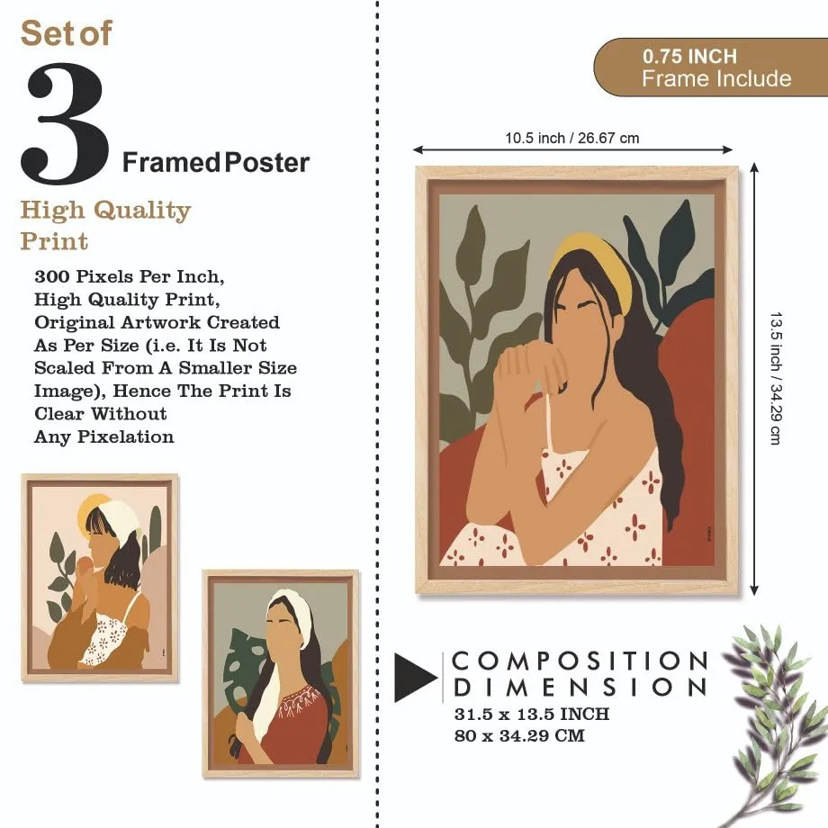 SAF paintings BOHO Set of 3 Modern Art Premium Brown frame Bohemian Painting for Wall Decoration Digital Reprint 13.5 inch x 10.5 inch Bohemian Painting (With Frame, Pack of 3) B186K3