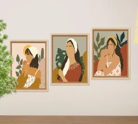 SAF paintings BOHO Set of 3 Modern Art Premium Brown frame Bohemian Painting for Wall Decoration Digital Reprint 13.5 inch x 10.5 inch Bohemian Painting (With Frame, Pack of 3) B186K3