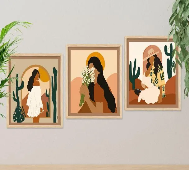 SAF paintings BOHO Set of 3 Modern Art Premium Brown frame Bohemian Painting for Wall Decoration Digital Reprint 13.5 inch x 10.5 inch Bohemian Painting (With Frame, Pack of 3) B187K3