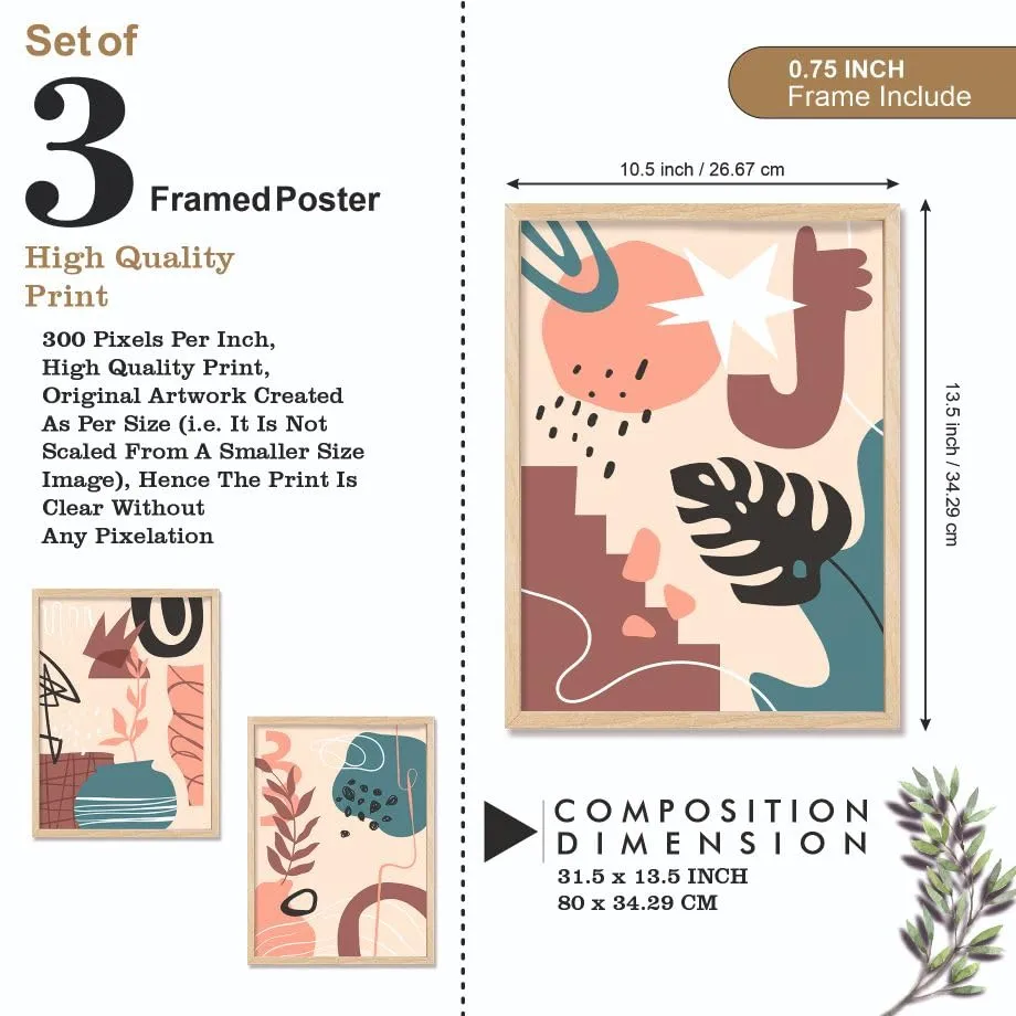SAF paintings BOHO Set of 3 Modern Art Premium Brown frame Bohemian Painting for Wall Decoration Digital Reprint 13.5 inch x 10.5 inch Bohemian Painting (With Frame, Pack of 3) B189K3