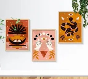 SAF paintings BOHO Set of 3 Modern Art Premium Brown frame Bohemian Painting for Wall Decoration Digital Reprint 13.5 inch x 10.5 inch Bohemian Painting (With Frame, Pack of 3) B196K3