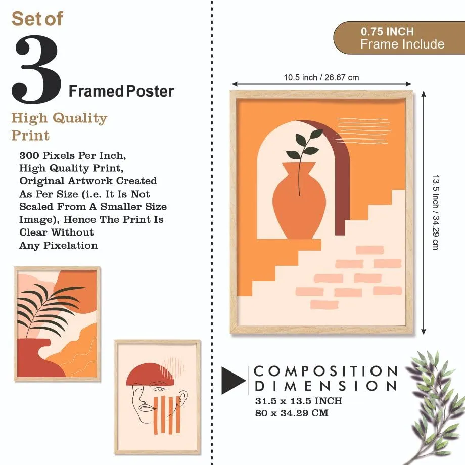 SAF paintings BOHO Set of 3 Modern Art Premium Brown frame Bohemian Painting for Wall Decoration Digital Reprint 13.5 inch x 10.5 inch Bohemian Painting (With Frame, Pack of 3) B197K3