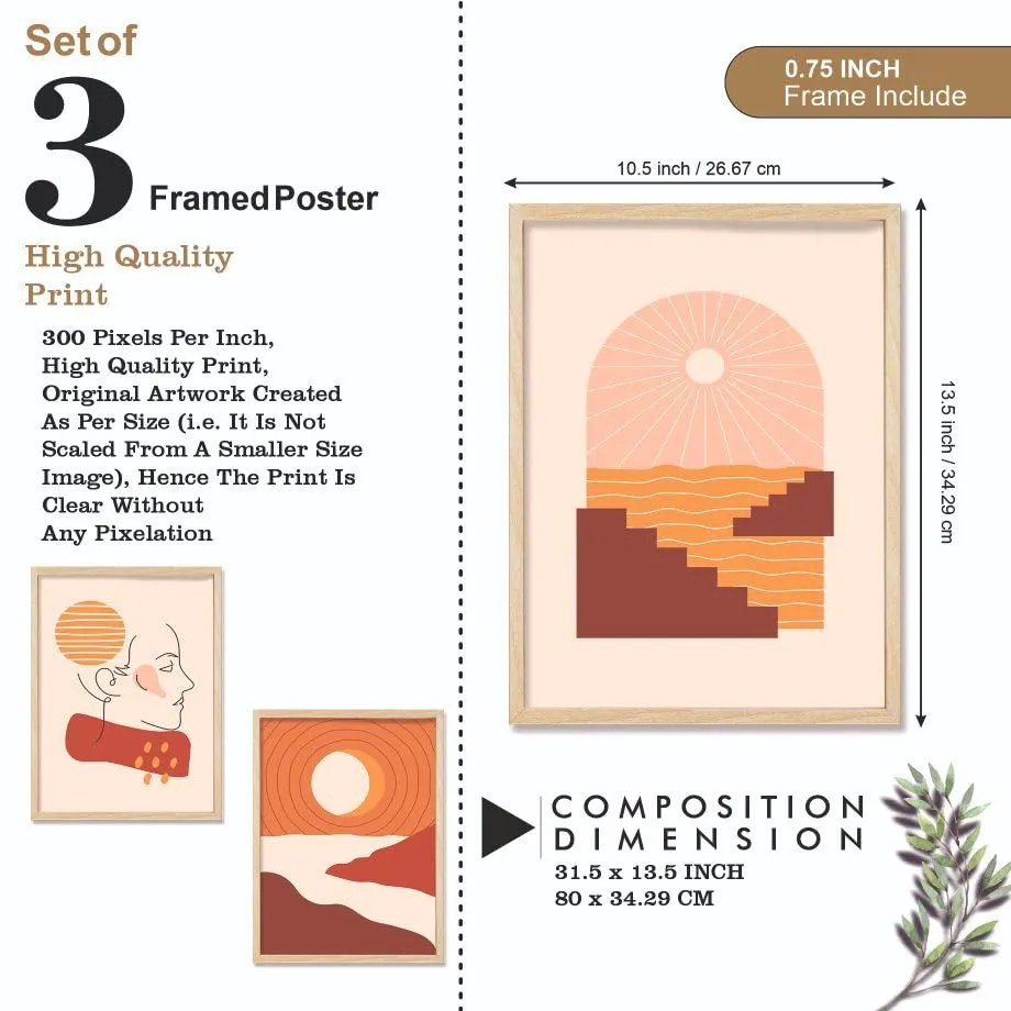 SAF paintings BOHO Set of 3 Modern Art Premium Brown frame Bohemian Painting for Wall Decoration Digital Reprint 13.5 inch x 10.5 inch Bohemian Painting (With Frame, Pack of 3) B198K3